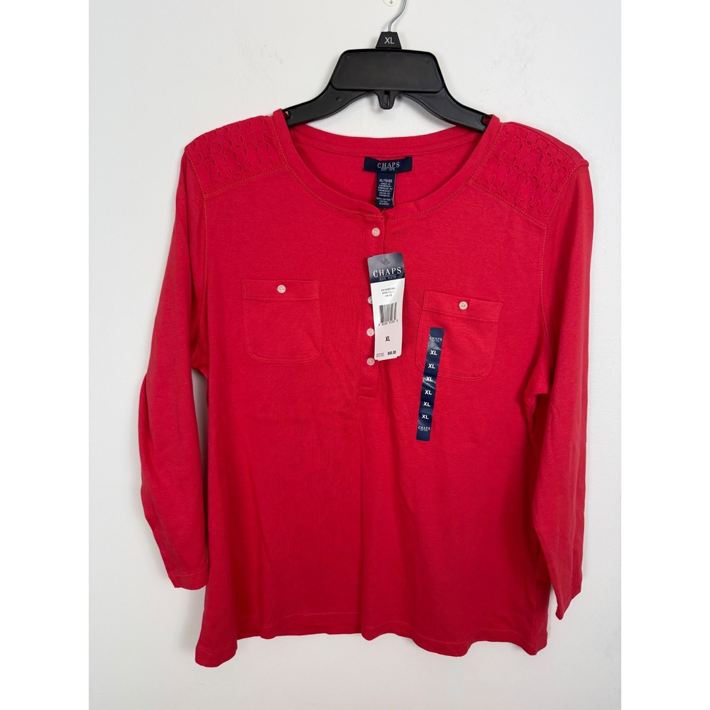Chaps Womens Red Textured Eyelet Shoulder Henley Top Long Sleeve Size XL NWT